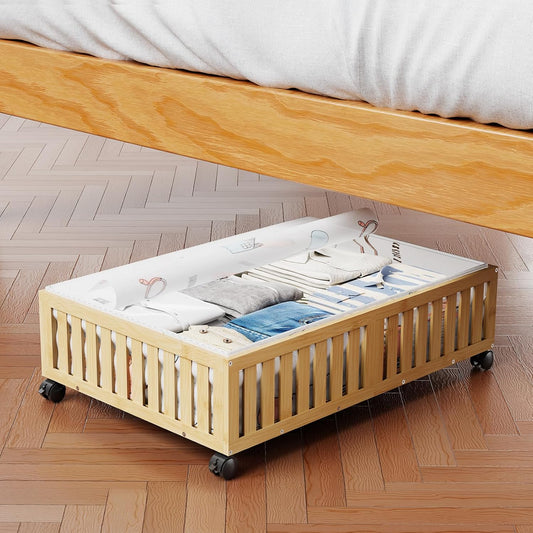 Bamboo Under Bed Storage Containers with Wheels, 40L UnderBed Drawers with Dust Bag, Breathable Under Bed Shoe Storage, Rolling UnderBed Clothes Storage, 1Pack