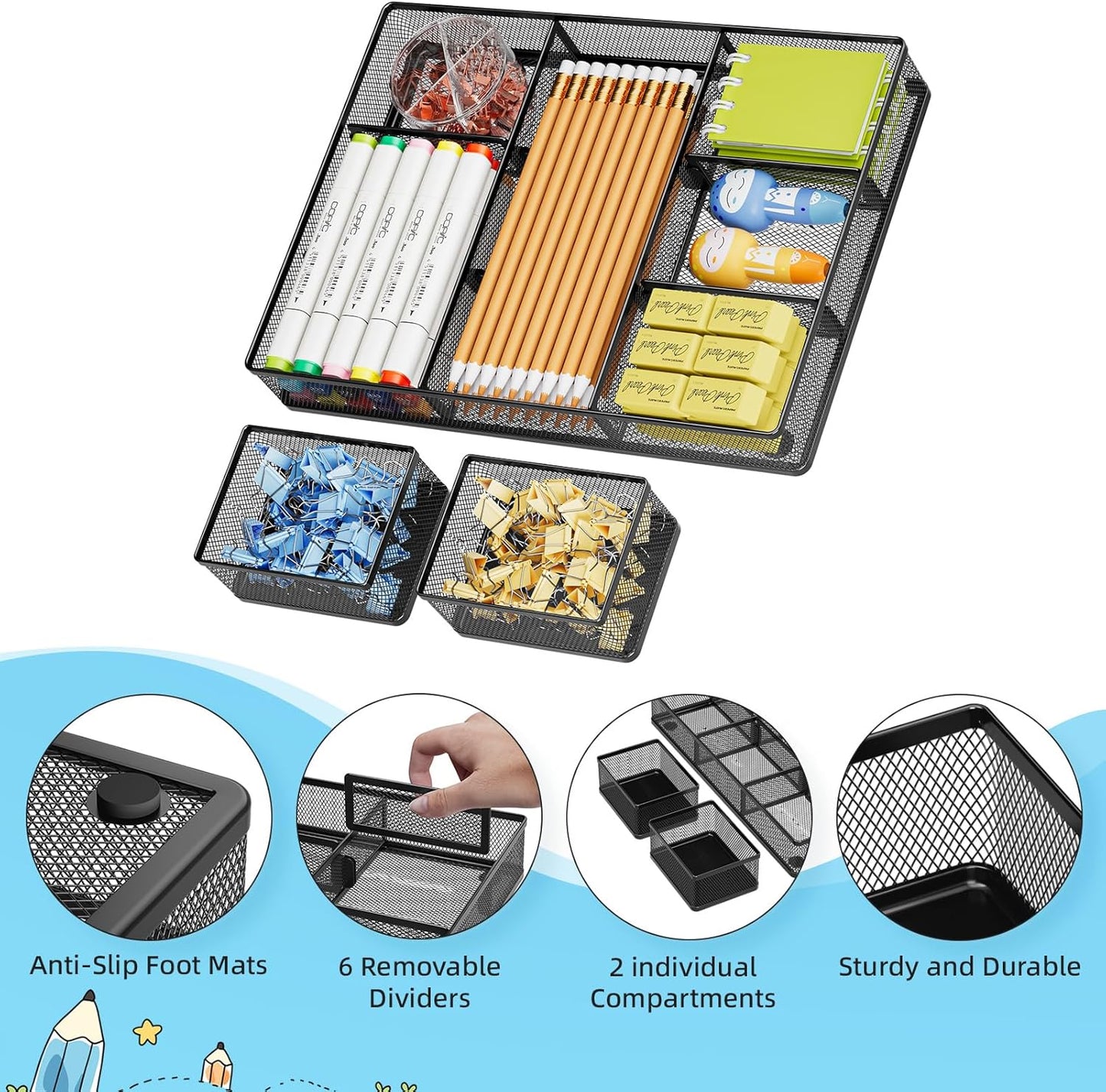 Marbrasse 3 Packs Desk Drawer Organizers, Metal Mesh Dividers Desk Drawer Organizer Tray with 9 Adjustable Compartments, Pen Organizer for Drawer Tray Box Accessories for Desktop,Kitchen, Makeup