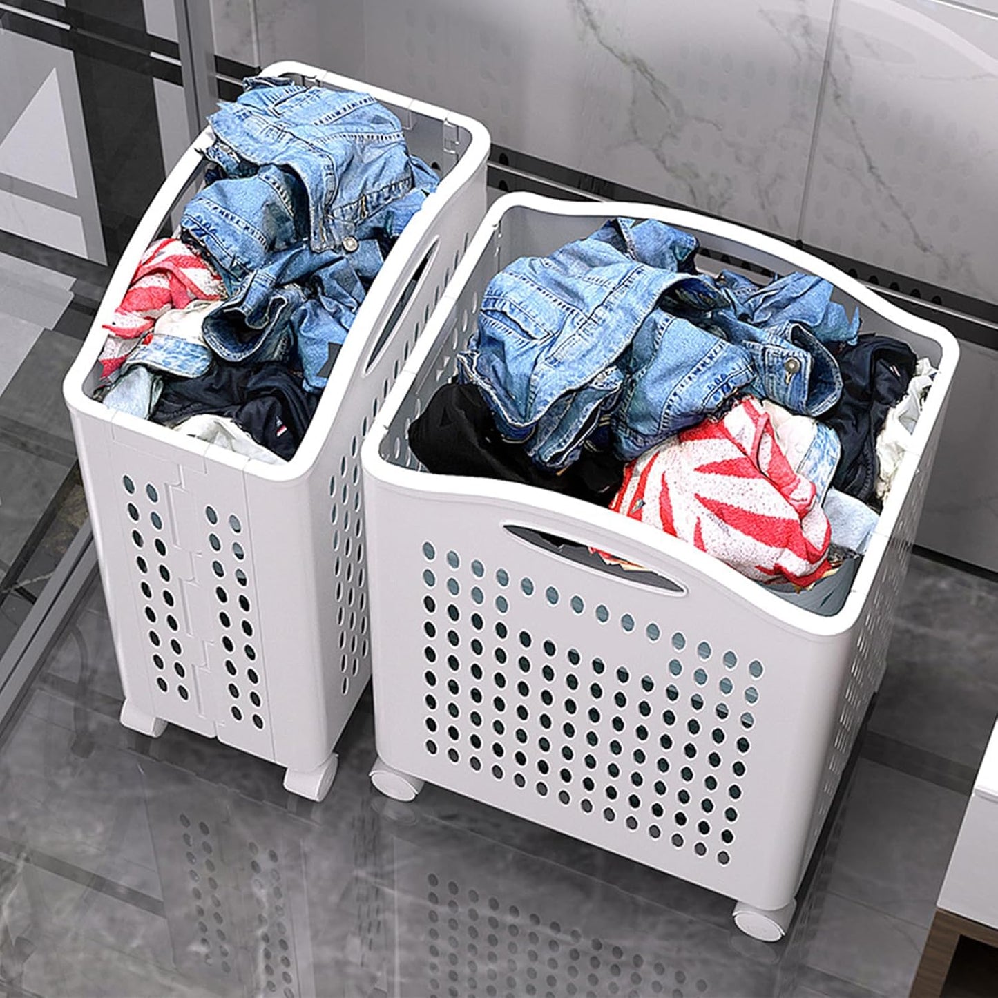 Rolling Laundry Hamper with Wheels White Plastic Storage Bin with Handles, 14W×11D×21H Large Capacity for Small Spaces, Bedroom & Bathroom