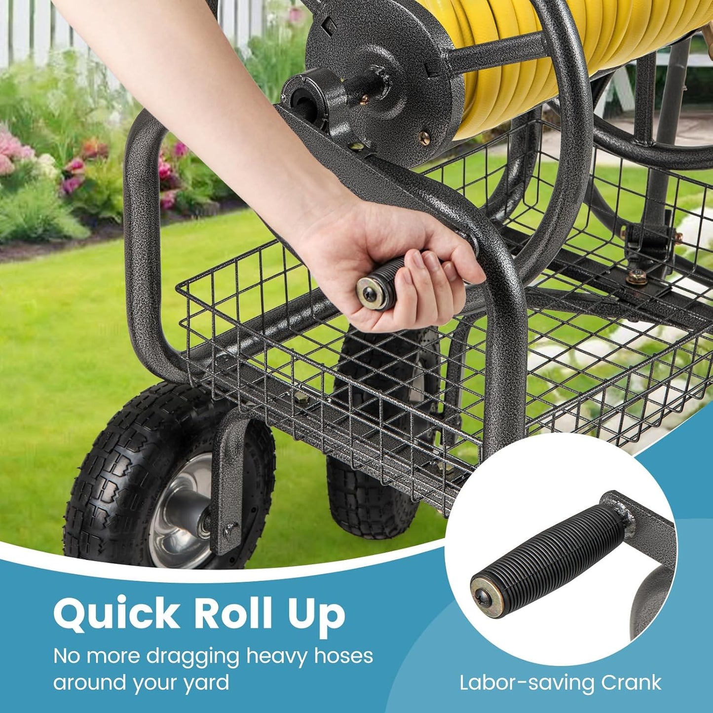 Goplus Garden Hose Reel Cart, 300 FT of 5/8" Large Capacity, Heavy-Duty Metal Hose Cart w/ 4 Wheels, Storage Basket, Portable Water Hose Organizer for Outside Yard, Outdoor Planting Tool (Black)