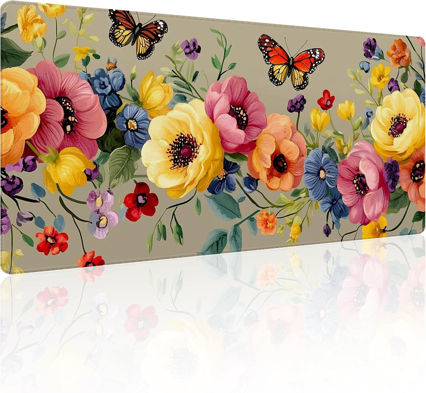 31.5”x11.8”Large Gaming Mouse Pad for Desk, Mouse Mat with Seamed Edges, Waterproof Desk Pad, Non-Slip Rubber Base, Keyboard Pad Computer Mat, Big XL Mousepad-Boho Floral with Butterflies