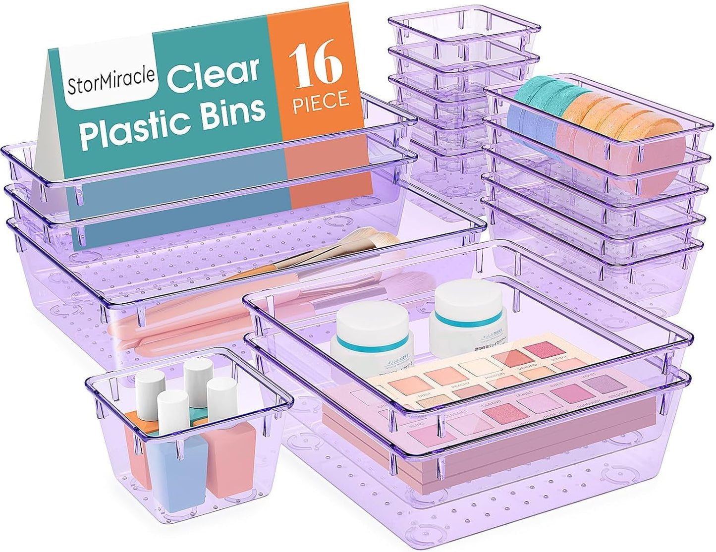 16 PCS Drawer Organizer Set, 5 Varied Size Bathroom and kitchen Drawer cabinet organizer Trays, Clear Storage Bins for Makeup, Jewelry, Utensils and Gadgets, Purple