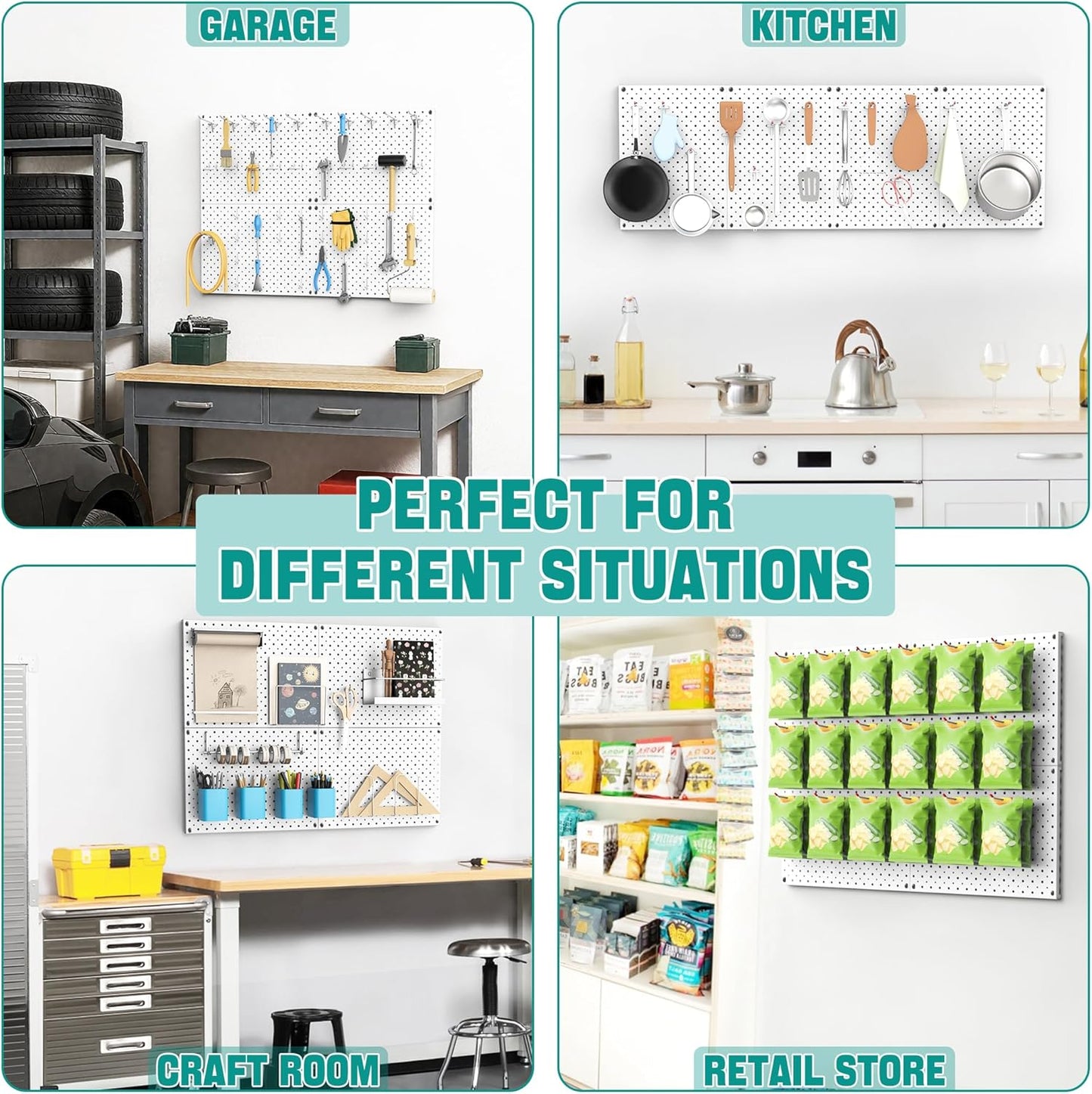EVERHANGER Metal Pegboard Panels, Heavy Duty Pegboard Wall Organizer, Garage Wall Panels, Tool Storage Organization, 12"X16", 4pcs, White