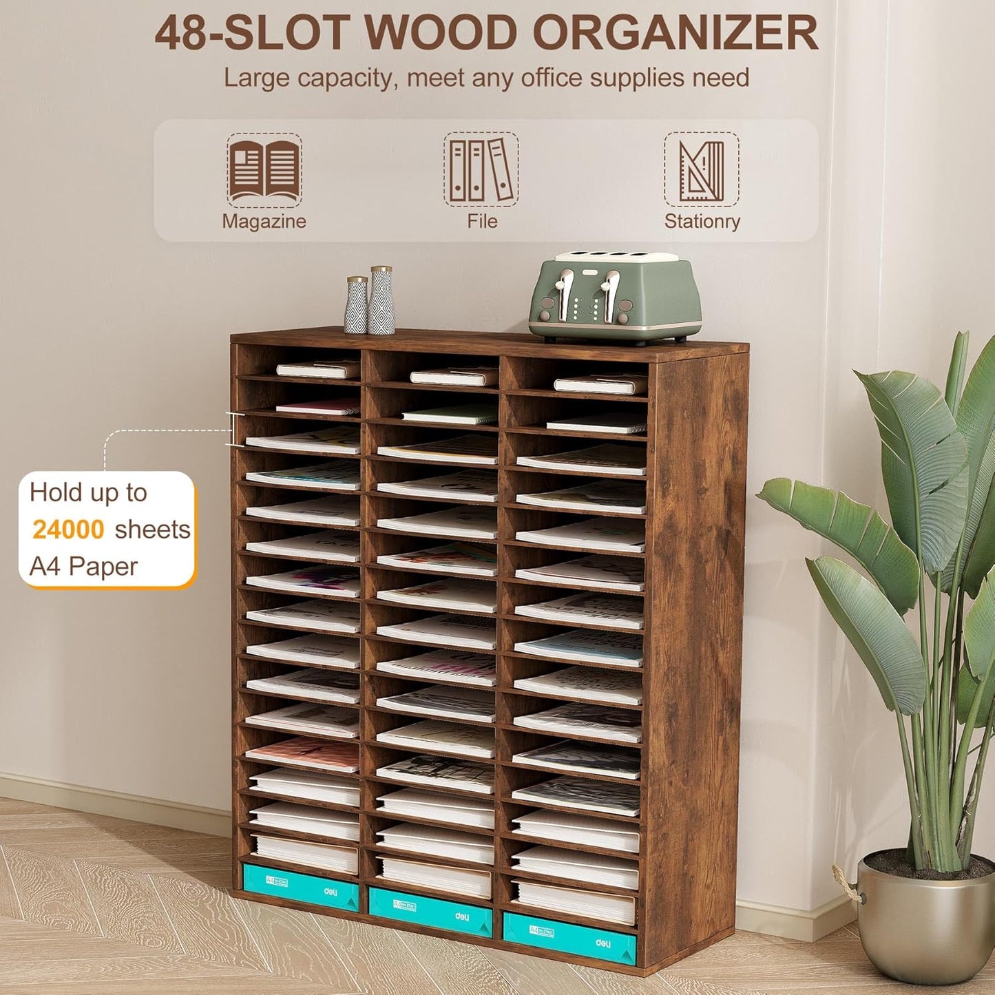 TQVAI Literature Organizer, Heavy Duty 48 Compartments Countertop Mail Organizer with Adjustable Shelves, Wooden Desk Paper Storage Organizer, Mailboxes Cubbies for Office, Classroom, Anqitue