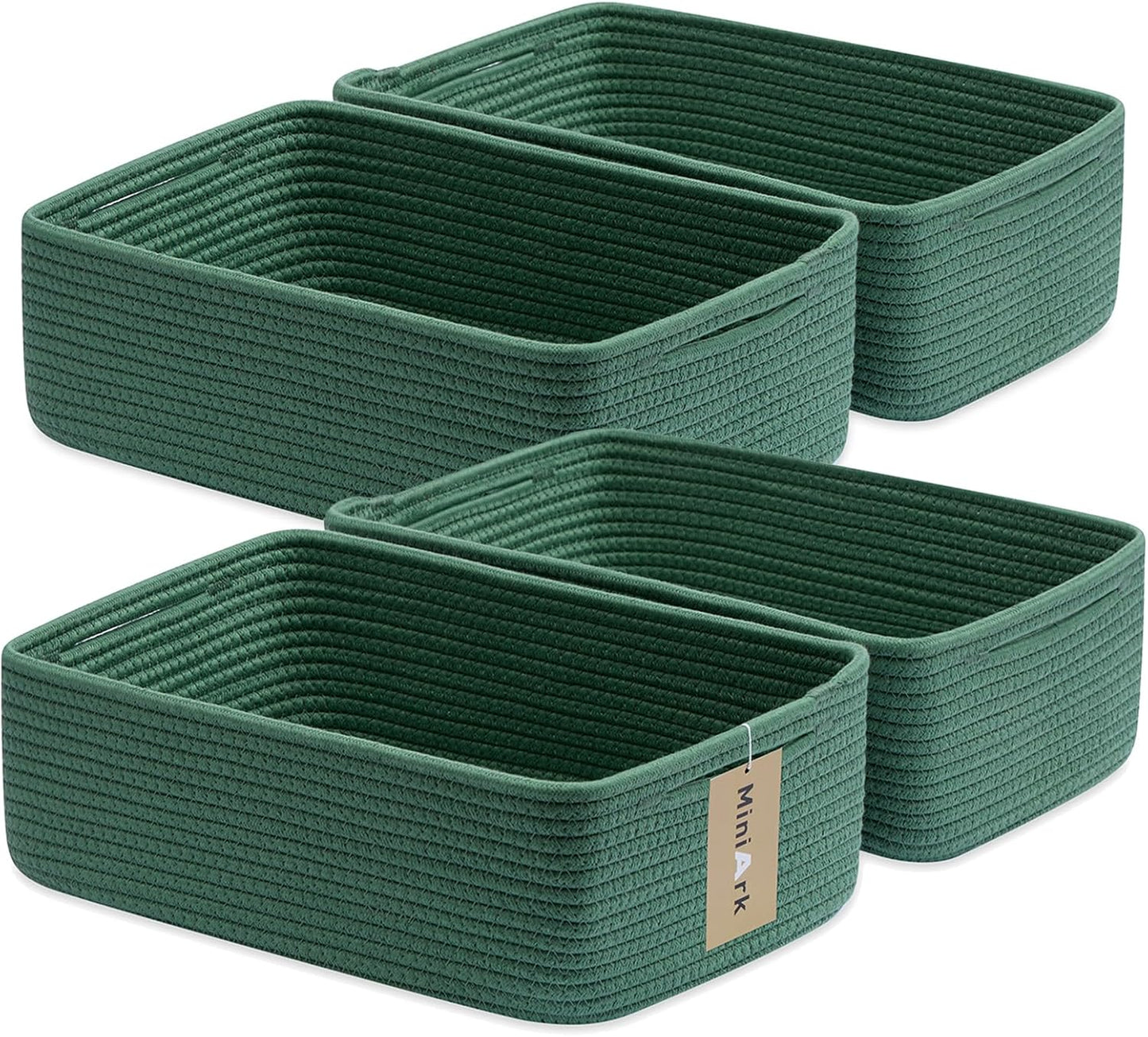 Large Shallow Organizing Baskets 15x11x5.1 Inches - Rope Woven Storage Bins for Bathroom, Shelves, Cube Closet, Green 4 Packs