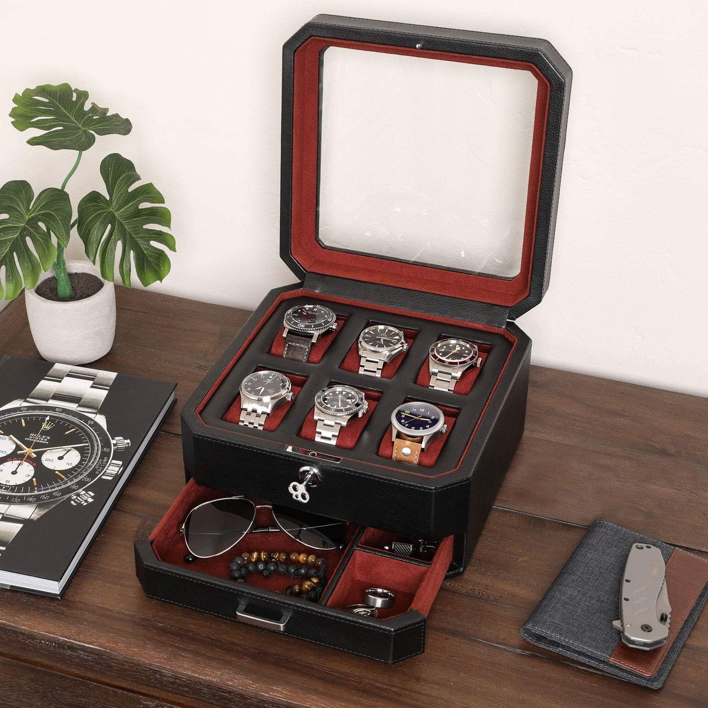 ROTHWELL 6 Slot Leather Watch Box with Valet Drawer - Luxury Watch Case Display Organizer, Microsuede Liner, Locking Mens Jewelry Watches Holder, Men's Storage Boxes Holder Large Glass Top (Black/Red)