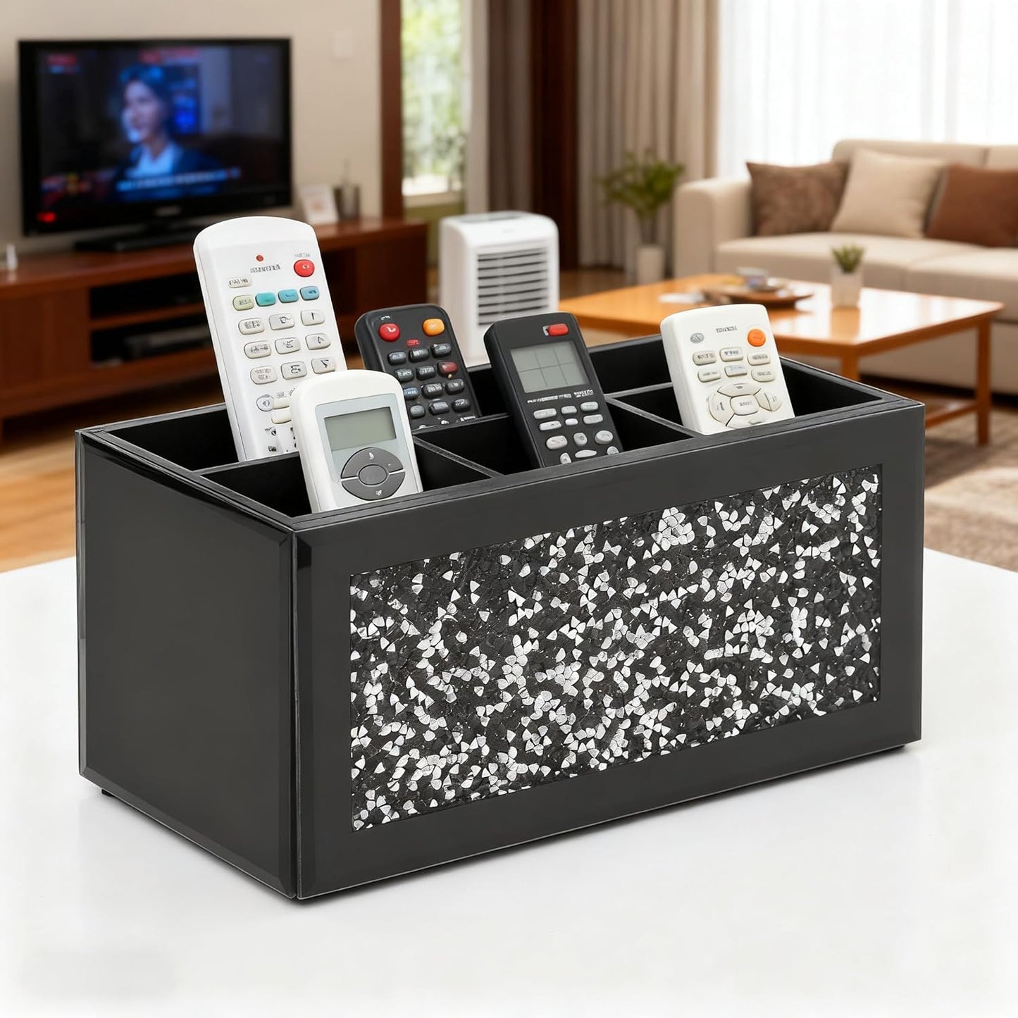 SHYFOY Remote Control Holder with 6 Compartments, Black Glass Desktop Organizer, Crystal Detail Design, 4.3x8.3x4 Inches, Multi-Purpose Storage Caddy for TV Remotes and Office Supplies