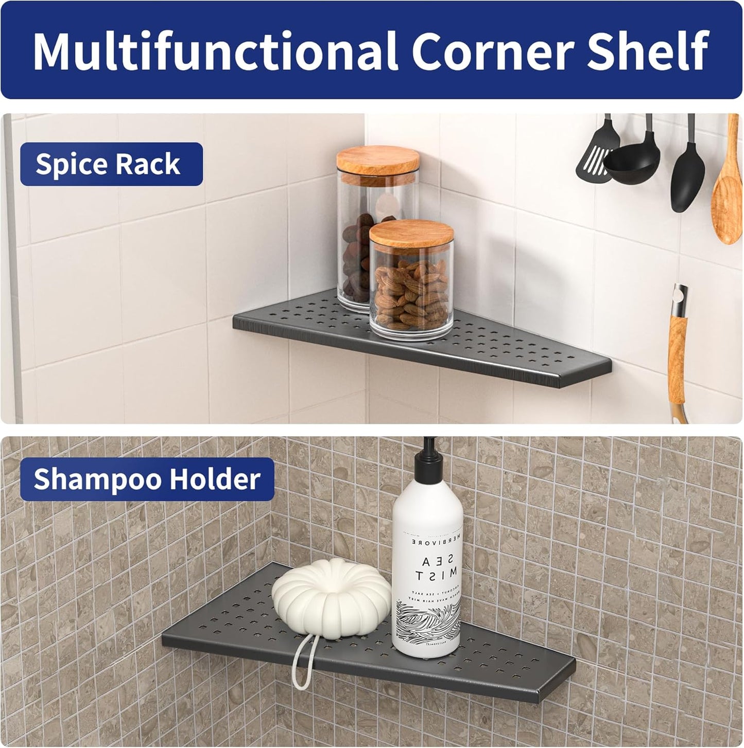 Corner Shower Shelf, 12" Trapezoid Grout in Shelf 304 Stainless Steel Grid Design Recessed Bathroom Shelf for Tiled Wall (Gunmetal, 12"-2 Pack)