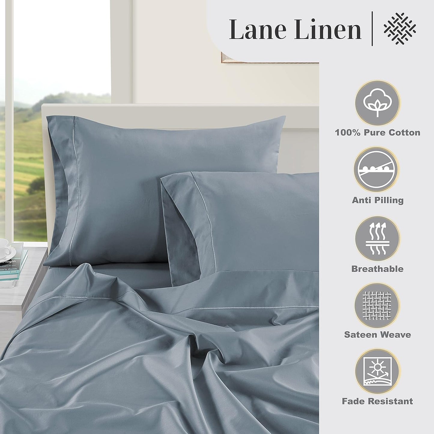 LANE LINEN Pillow Case Covers King Set of 2 100% Egyptian Cotton Sateen Soft Cool & Smooth 1000 Thread Count Cases - French Blue