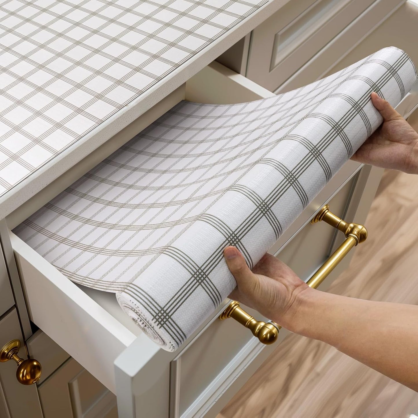 Shelf and Drawer Liner for Kitchen Cabinets Non-Adhesive, Strong Grip Non-Slip Thickened Cabinet Liners for Shelves, Waterproof Mats for Dresser Cupboard, White Square, 12 in x 20 Feet