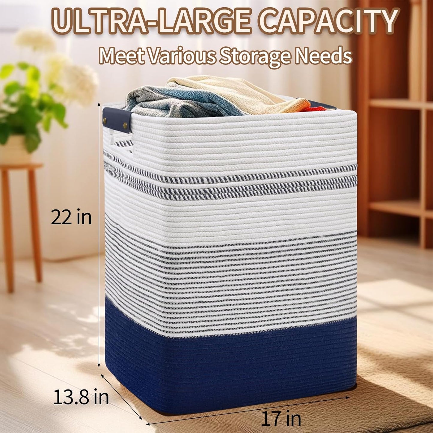 DOFASAYI Laundry Basket - 85L Large Woven Baskets for Storage - Cotton Rope Laundry Hamper, Decorative Storage Basket for Blankets, Clothes Hamper for Living Room, Bedroom, Dark Blue & White