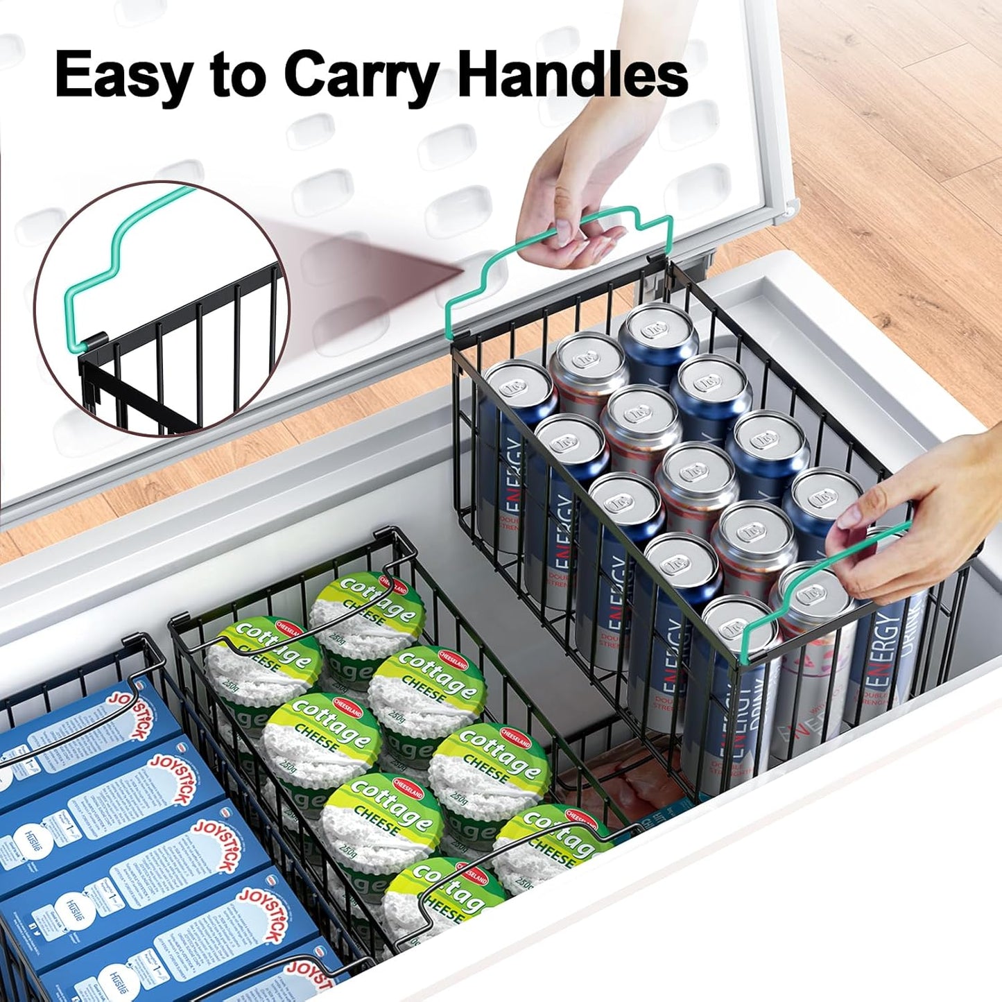 Freezer Organizer Bins, 4 Pack Stackable Deep Chest Freezer Organizer Bins, Foldable Baskets with Handles, Black Storage Container Baskets for 5/ 7 Cu.FT Deep Freezer Sort Frozen Meats