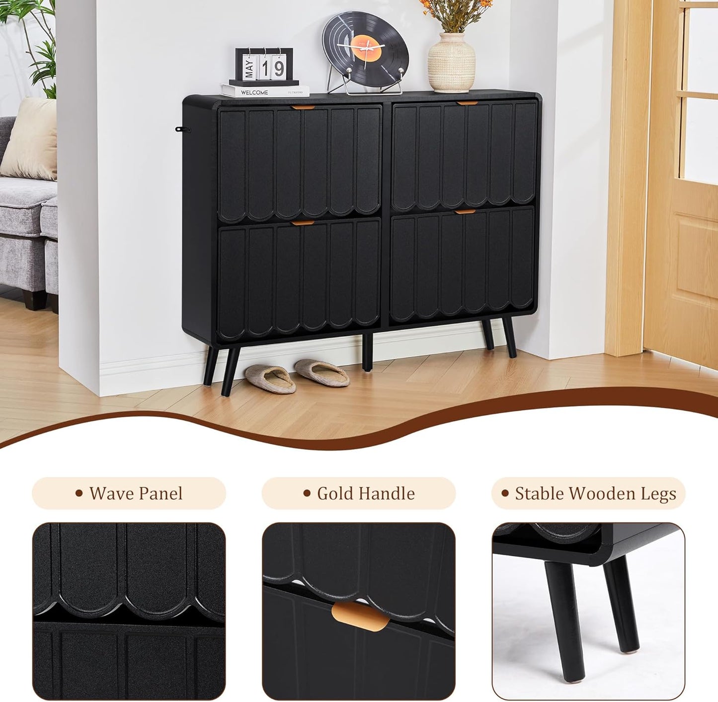 Shoe Storage Cabinet for Entryway with 4 Flip Drawers, Freestanding Narrow Wood Shoe Cabinet with Wave Panel, Hidden Shoe Organizer for Foyer, Hallway (Black)