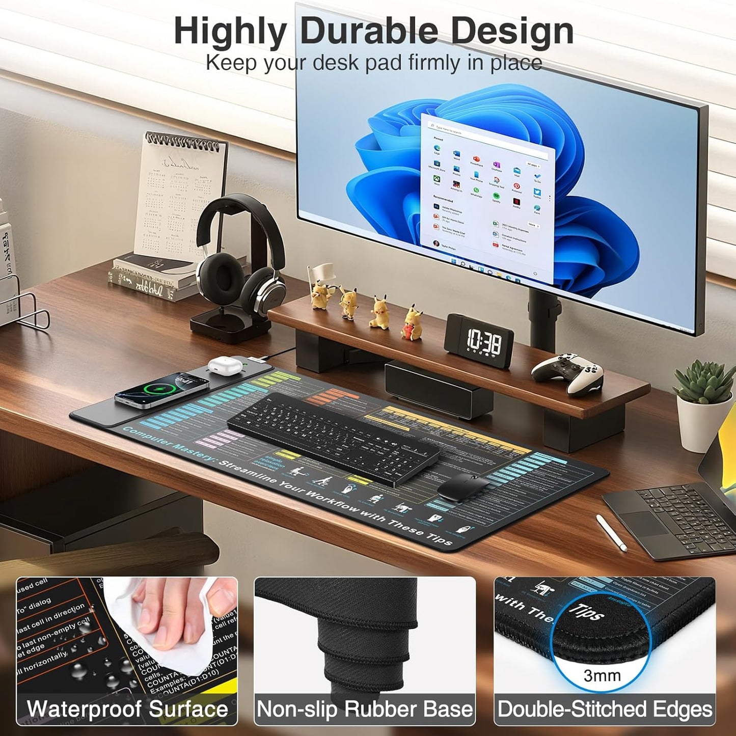 Wireless Charging Mouse Pad with Excel Formulas Shortcuts, 31.5"x15.8" Extra Large Office Spreadsheet Cheat Sheet Desk Mat, Waterproof Ultra-Smooth Surface, Non-Slip Base
