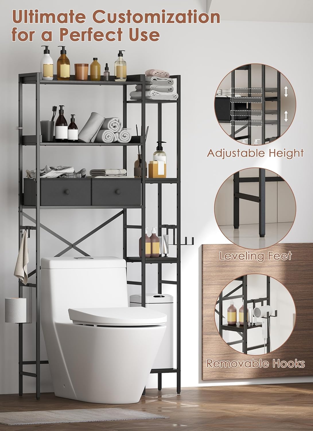Over The Toilet Storage Rack, 7-Tier Over Toilet Bathroom Organizer with Adjustable Shelf, Above Toilet Storage Cabinet with Hooks, Space-Saving, Black Shelf