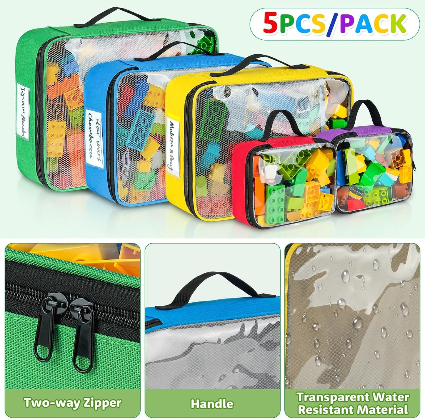 5 Packs Toy Storage Bags Compatible with Lego Bricks,Large Travel Toy Organizers for Kids Building Blocks,Toy Car,Puzzles with Mesh Pocket and Tag Pocket