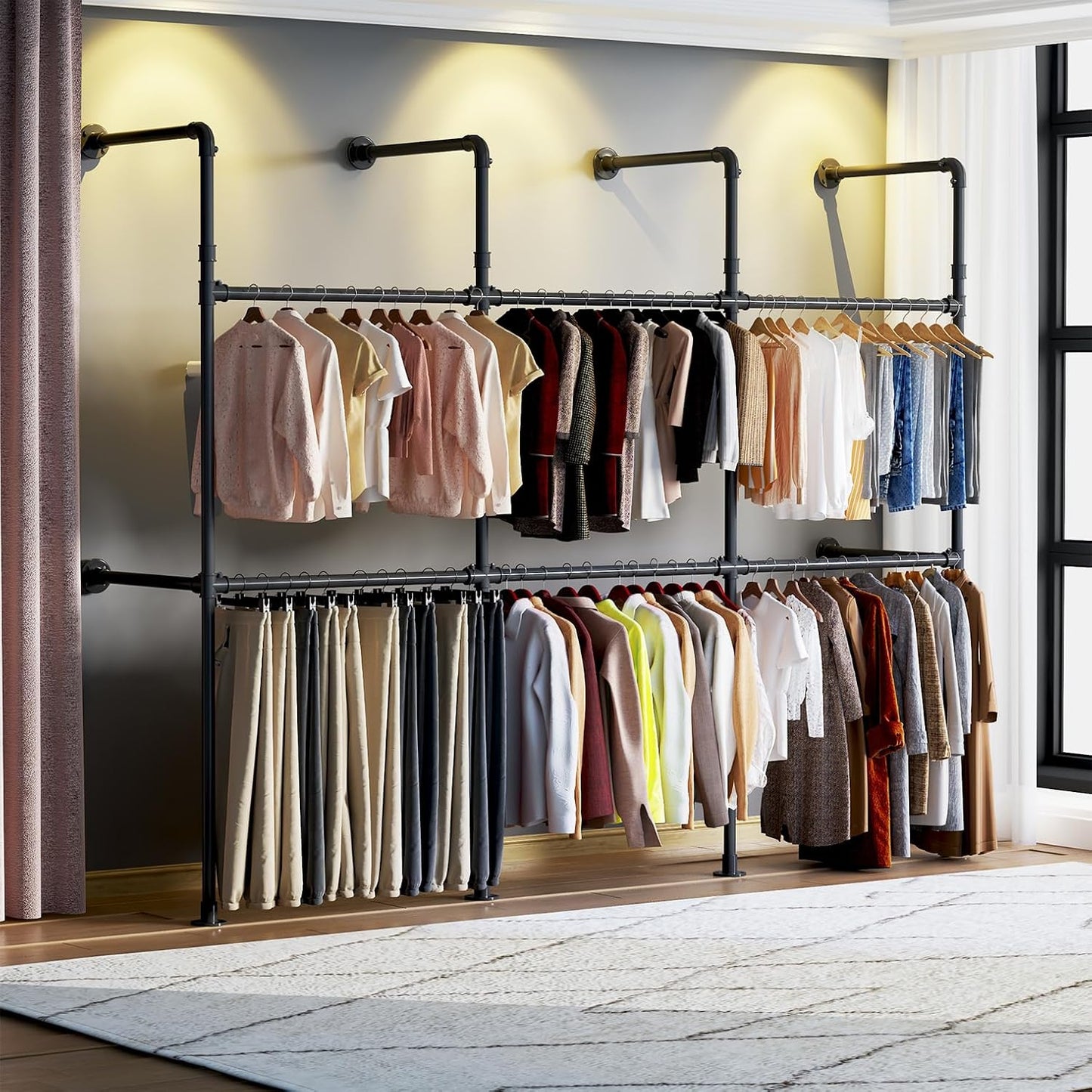 Industrial Pipe Clothing Rack, Reversible 118.3'' Clothes Rack for Hanging Clothes, Black Wall Clothing Rack Wall Mounted Rack for Walk-in Closet, Laundry Room or Retail Display (丨丨丨)
