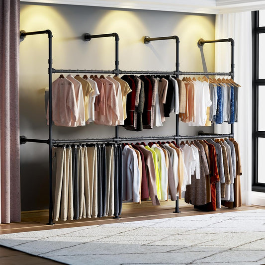 Industrial Pipe Clothing Rack, Reversible 118.3'' Clothes Rack for Hanging Clothes, Black Wall Clothing Rack Wall Mounted Rack for Walk-in Closet, Laundry Room or Retail Display (丨丨丨)