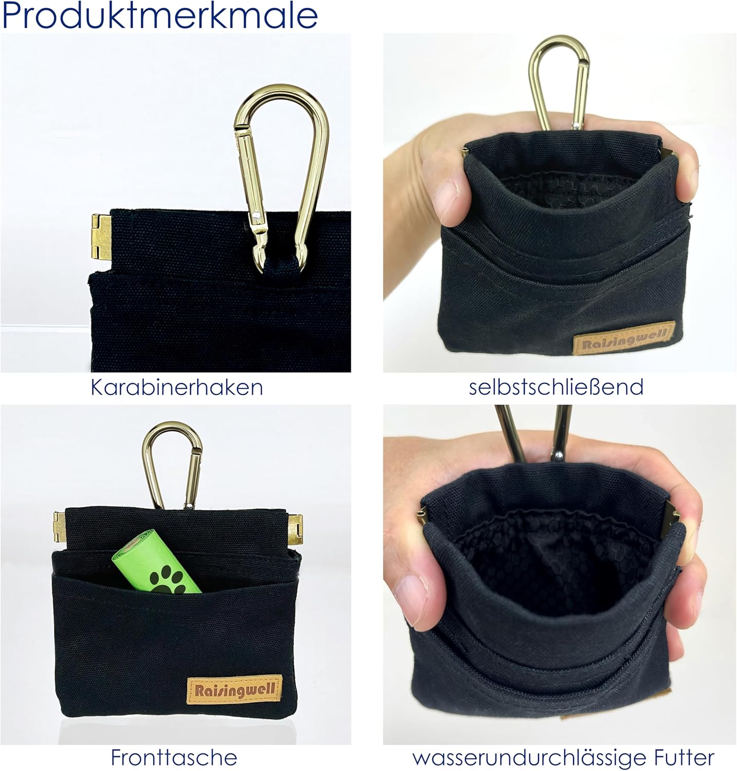 Dog Treat Pouch, Black Pocket Sized Pet Training Pouch, Cotton Fabric, Hand Free Dog Walking Bag with Carabiner, Self-Closing Pet Feed Snack Reward, for Pet Puppy Travel or Outdoor Use