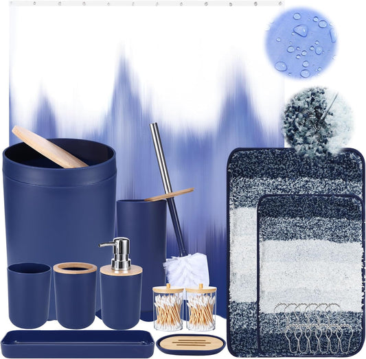 iMucci Bathroom Accessories Navy Blue Bathroom Sets with Shower Curtain and Rug, Navy Blue Ombre Waterproof Shower Curtain with Ultra Absorbent Rug Bathroom Accessories Set for Home Decor