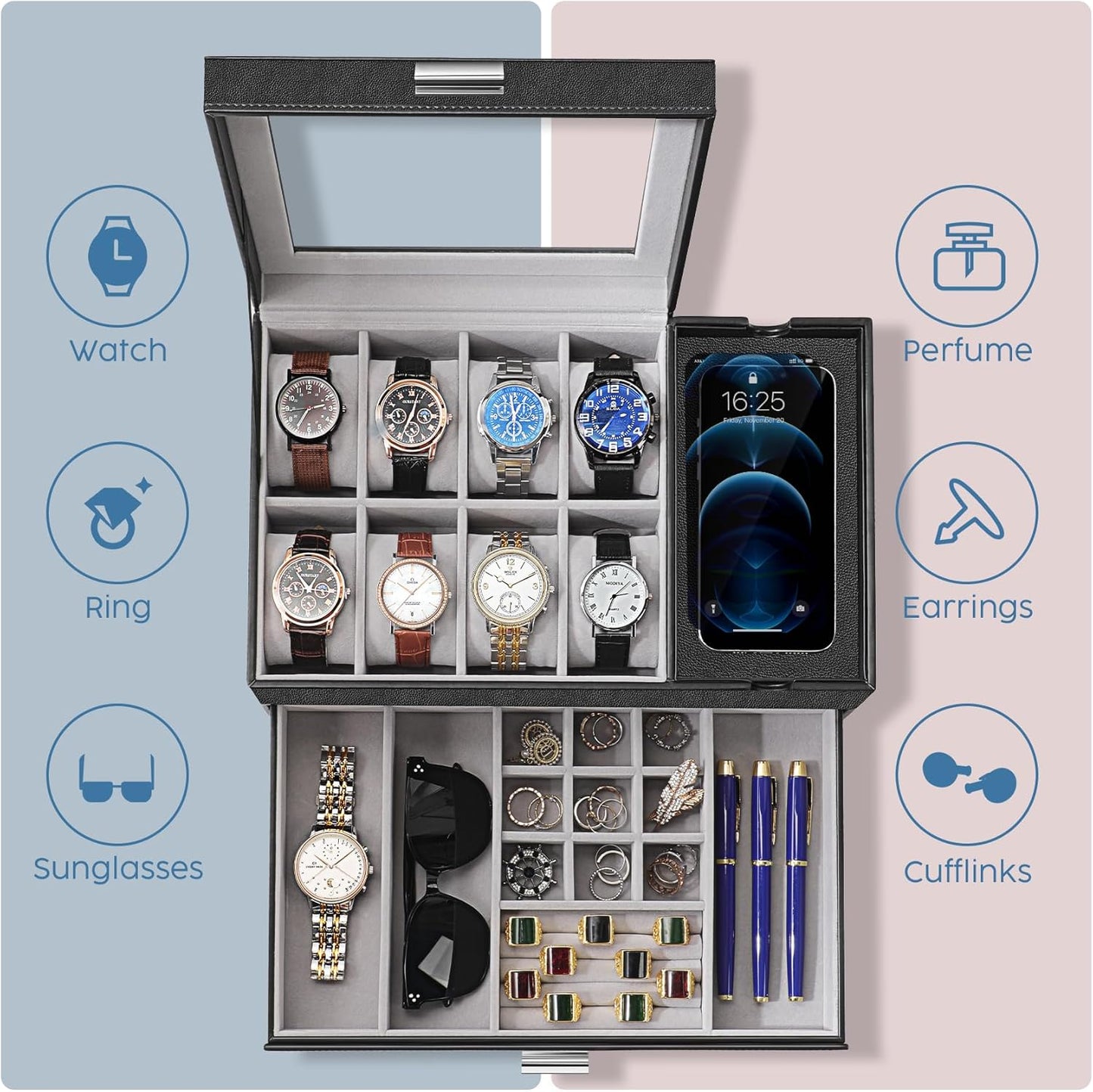 Dajasan Watch Box, Watch Case for Men, 8 Slot Watch Display Case with Glass Lid, Large Watch Holder Organizer, Sunglass Storage Organizer for Watch, Ring, Jewelry, Gift Idea, PU Leather (Black)