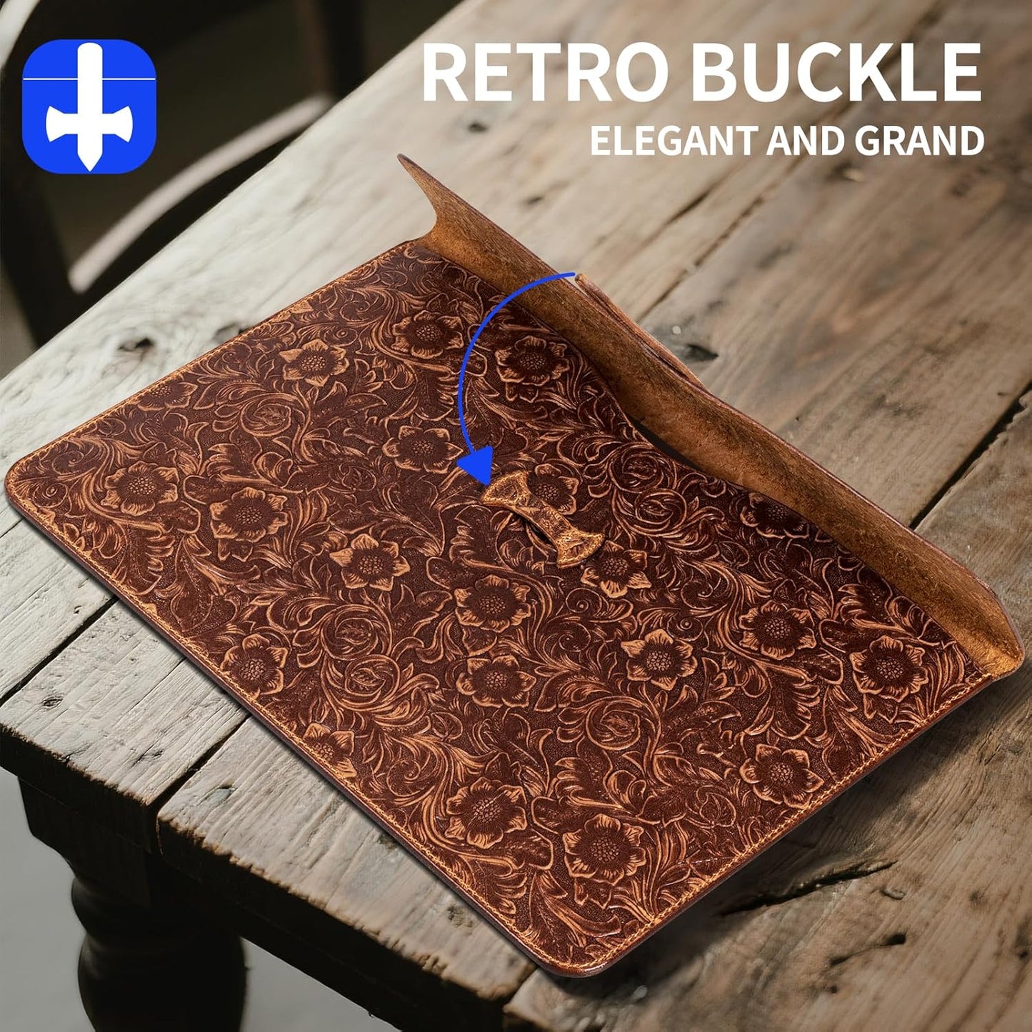 Genuine Leather Laptop Sleeve,Compatible with MacBook Pro 14 Inch M4 M3 M2 M1 Pro/Max Cover,Vintage Protective Computer Case with Floral Pattern,Buckle Brown