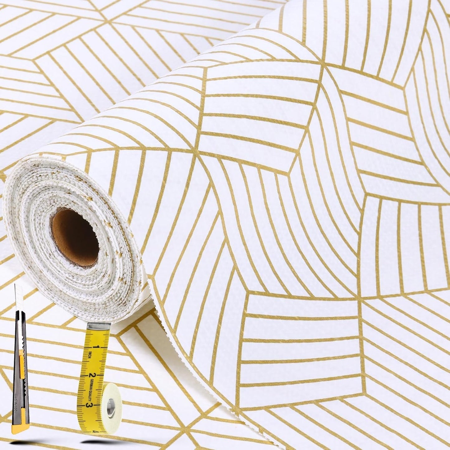 Shelf Liners for Kitchen Cabinets 17.5in x 20FT, Non Adhesive Cabinet Liner Strong Non-Slip Thickened Gold Geometric Drawer Liner, Easy to Clean for Shelf, Cabinet with Knife and Tape Measure