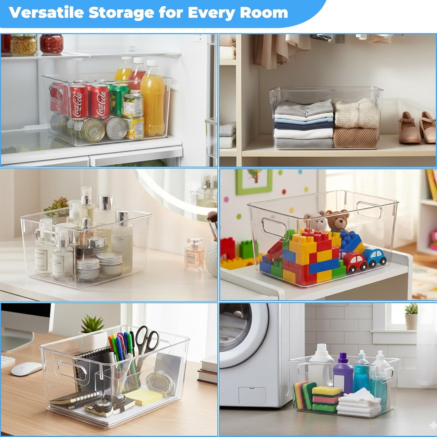MOONEDGE 4 Pack Open Clear Plastic Storage Bins 11"x8"x6" Stackable Organizer Containers with Handle for Kitchen, Pantry, Fridge, Bathroom,Cabinet,Closet Storage