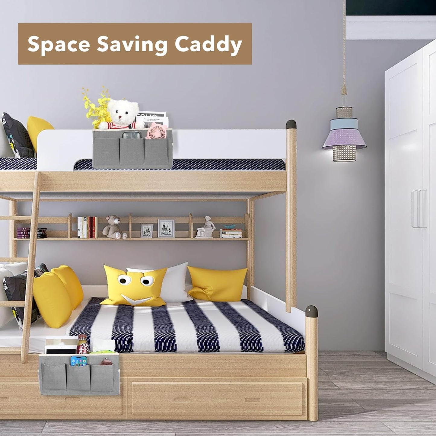 2Pcs Beside Caddy Storage Organizer, Hanging Bag Holder with Pockets for Bedroom, Loft Bed Tent, Bed Curtain, Top Bunk bed Shelf Accessories Bedside Caddy 3-pocket (White-2pcs)
