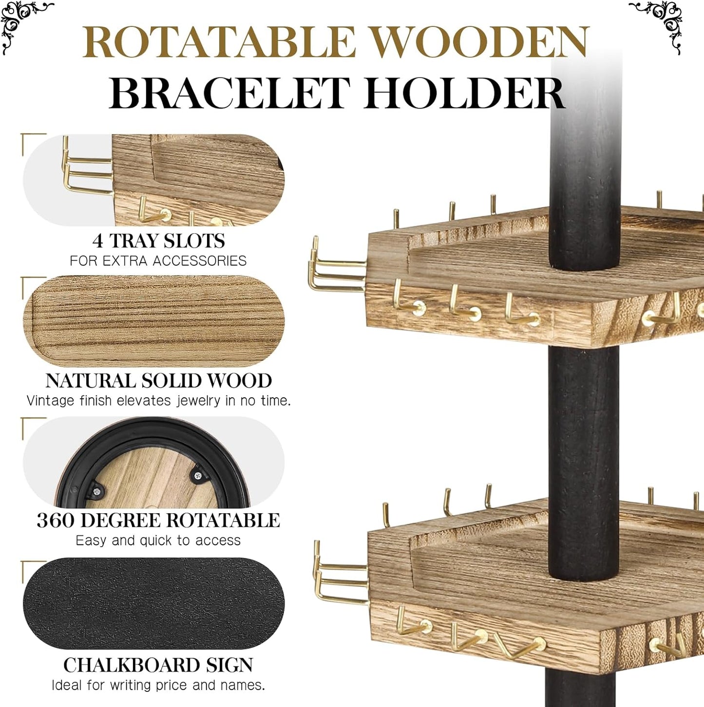LadyRosian 3-Tier Wooden Rotating Jewelry Display Stand | Bracelet & Keychain Organizer with Advertising Board | 54 Hooks Rustic Holder for Vendor Booth & Stores (3-Tier Round Hexagon)
