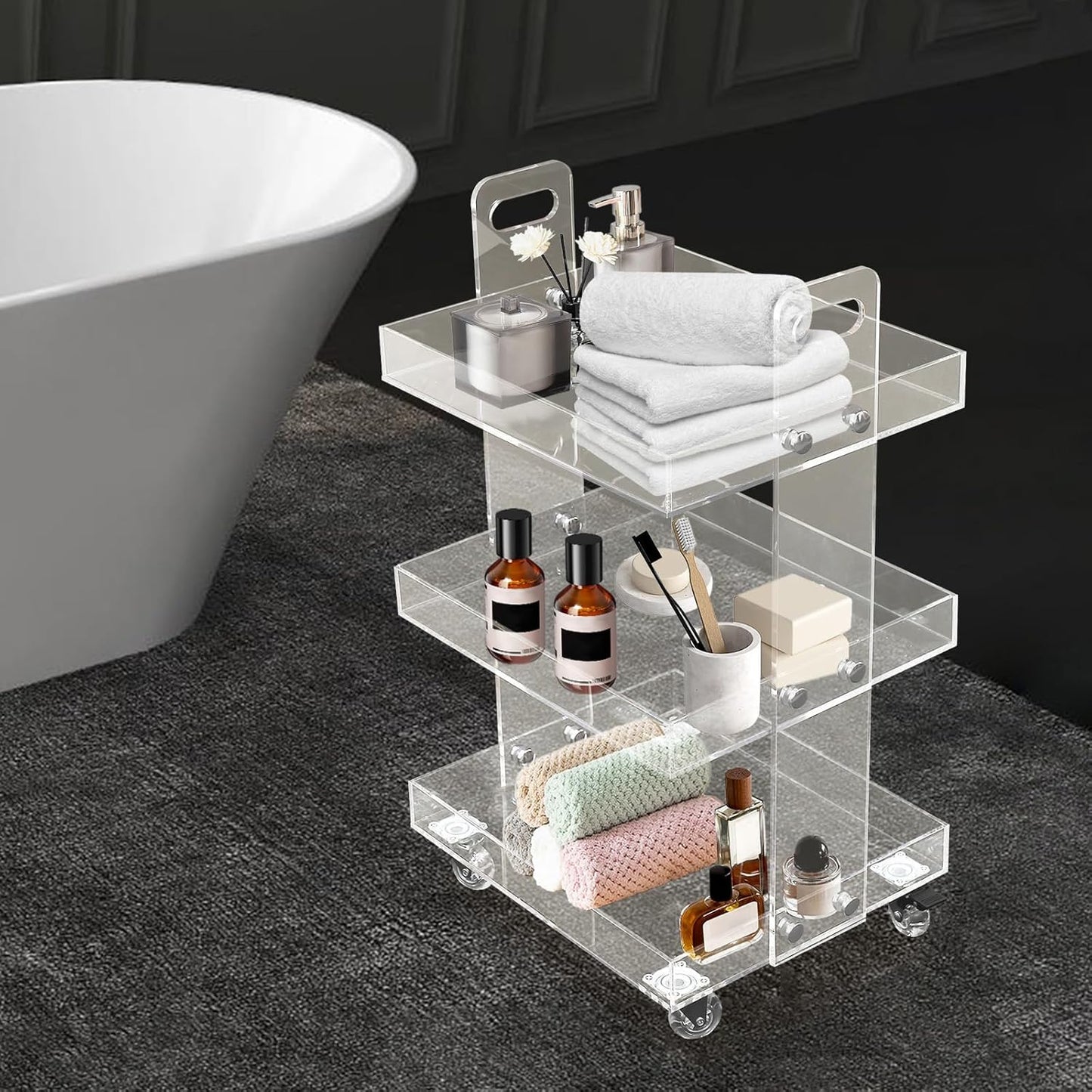 3-Tier Acrylic Utility Rolling Cart with 4 Lockable Wheels,for Storing Kitchenware, Toiletries,Snacks,Vegetables,Fruits,Cosmetics,Documents（16.38 * 13.39 * 27.56in）