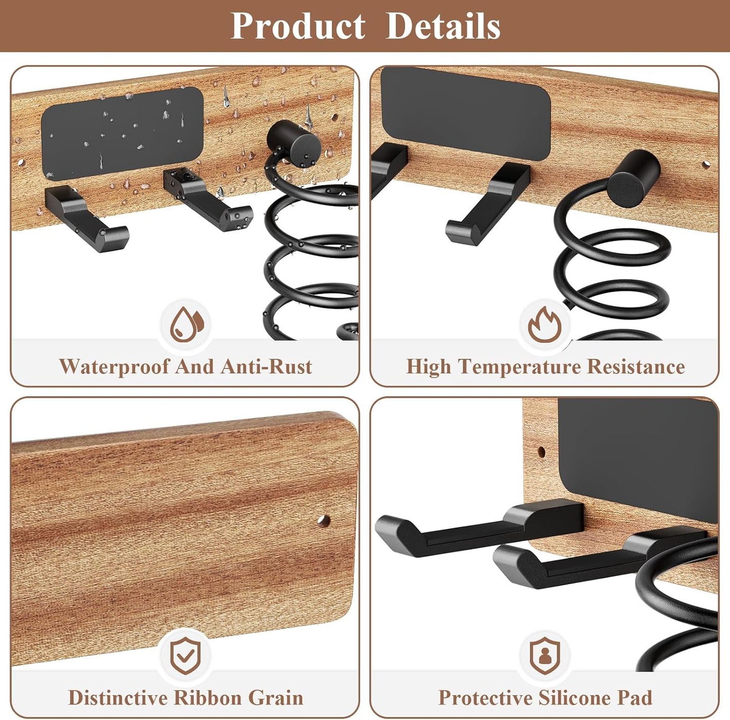 Tindbea Hair Dryer Holder Curling Iron Holder, Blow Dryer Holder Wall Mount, Bathroom Hair Tool Organizer Rack for Universal Dryer, Sapele Wood Matte Black