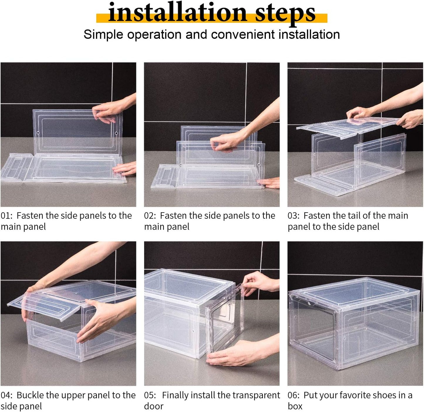Attelite Shoe Box,Set of 6,Stackable Plastic Clear Shoe Box Organizer with Magnetic Door,Shoe Storage Box Thicken Sturdy,Easy Assembly,Fit up to US Size 12,Black