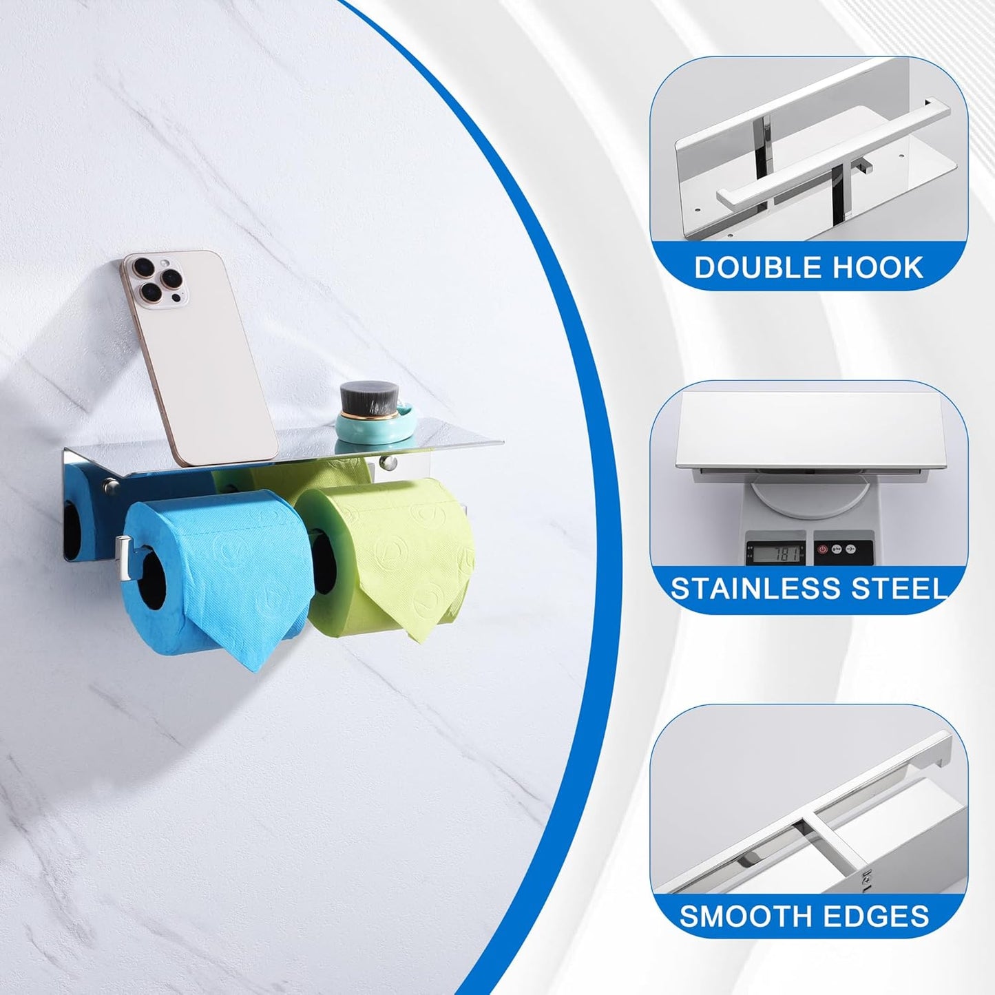 LANC Double Roll Tissue Holder with Shelf, Chrome Silver Commercial Toilet Paper Dispenser with Phone Shelf for Bathroom Wall Mounted or 3M Self-Adhesive Stainless Steel, A8377CP