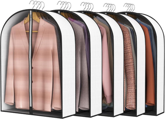 32” Garment Bags for Hanging Clothes 4” Gusseted - with Clear Window, Breathable Fabric, Metal Zipper, Suit Coat Fur Protector for Closet storage, clothes Season Off, Moving, 5 Pack