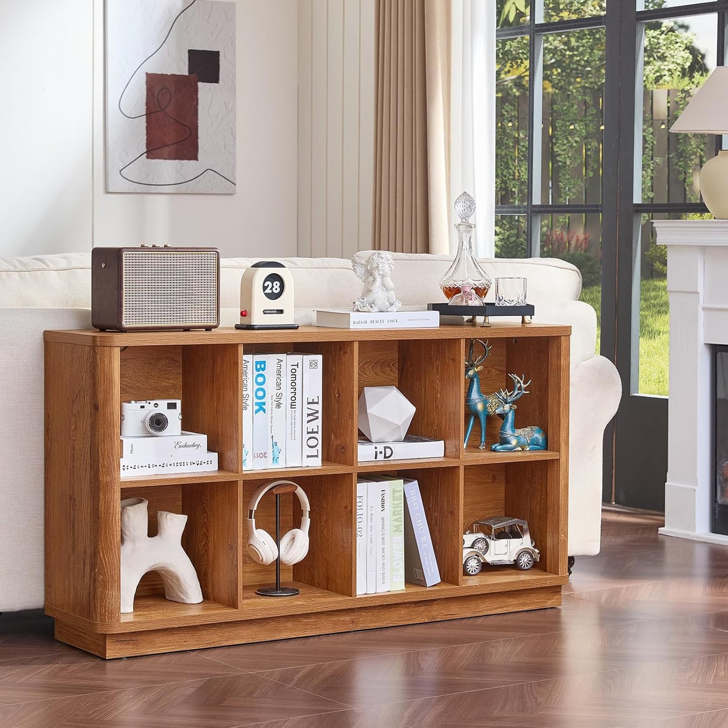 8 Cube Storage Book Shelf, 52" Long Horizontal Bookshelf with Curved Edge, Floor Standing Wooden Cubby Bookcase with Base, Low Modern Console Book Case, TV Stand for Living Room, Brown