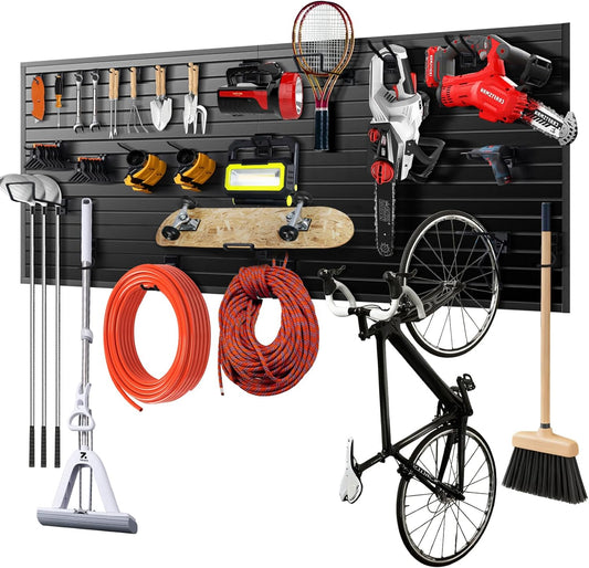 Slat Wall Panels 8x4 ft, Heavy-Duty PVC Garage Slatwall Panel with Trim & Screws, Interlocking Black Wall Panels, Garage Wall Organizer Slat Board PVC Wall Panel for Tools and Sports Equipment Storage