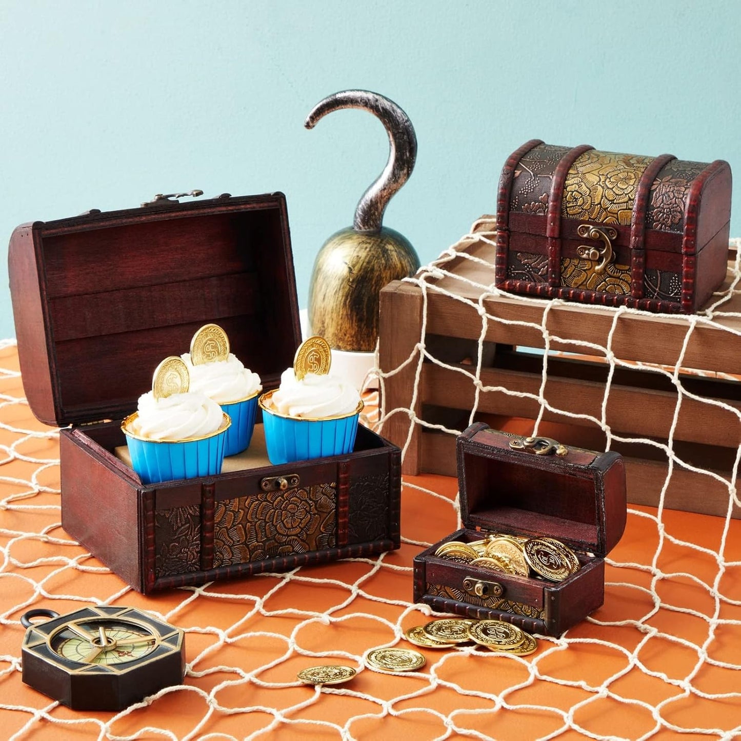 Juvale Wooden Treasure Chest Set - 3 Nesting Boxes, Brown Floral - Decorative Storage & Jewelry Box with Hinged Lid, Vintage Antique Decor