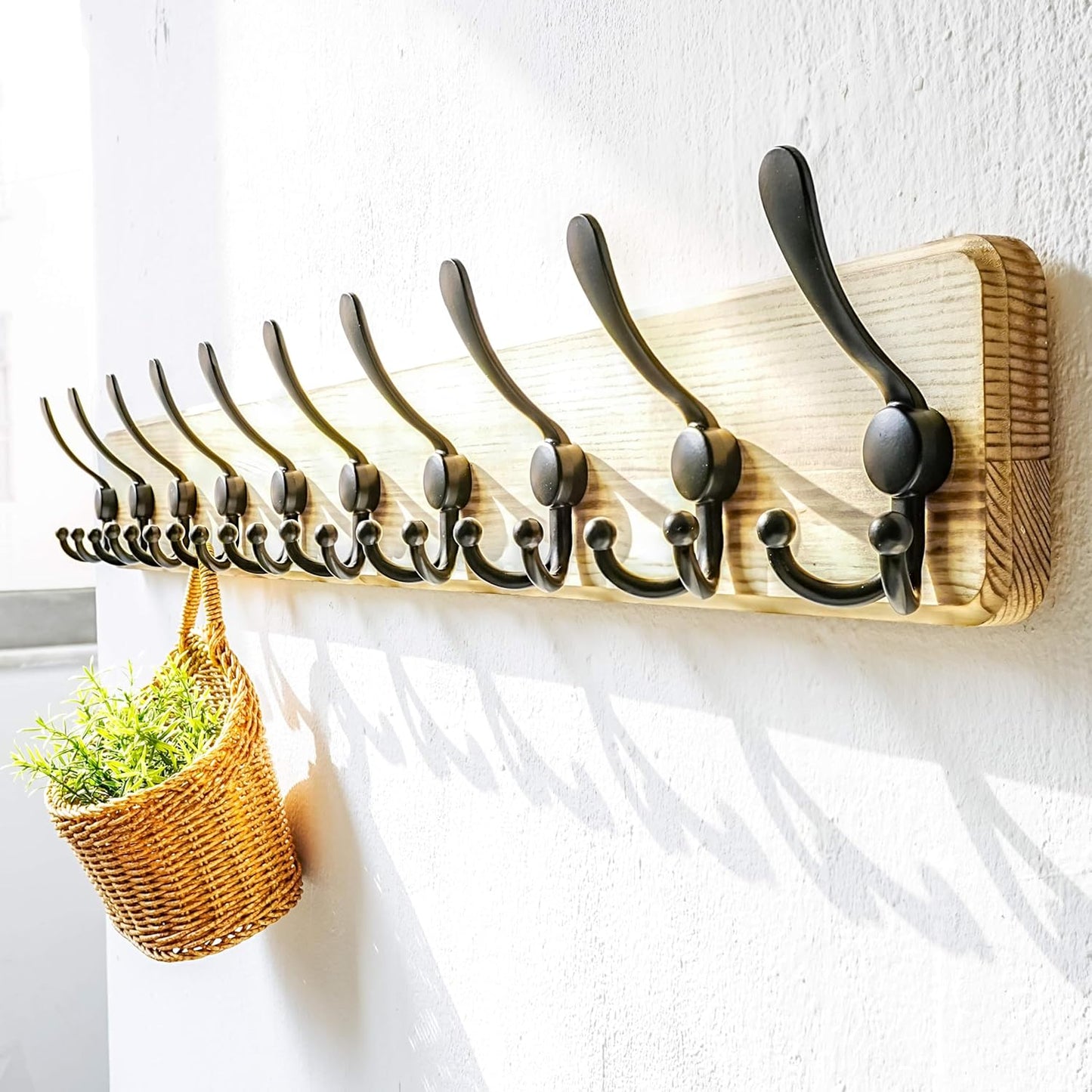 Dseap Coat Rack Wall - Heavy-Duty 38-1/4" Long, with Reinforced 10 Custom Tri-Hooks, Solid Wood Wall Hanger for Coats Hat Jackets - Rustic Farmhouse Entryway Storage, Light Brown & Black, Pack of 2