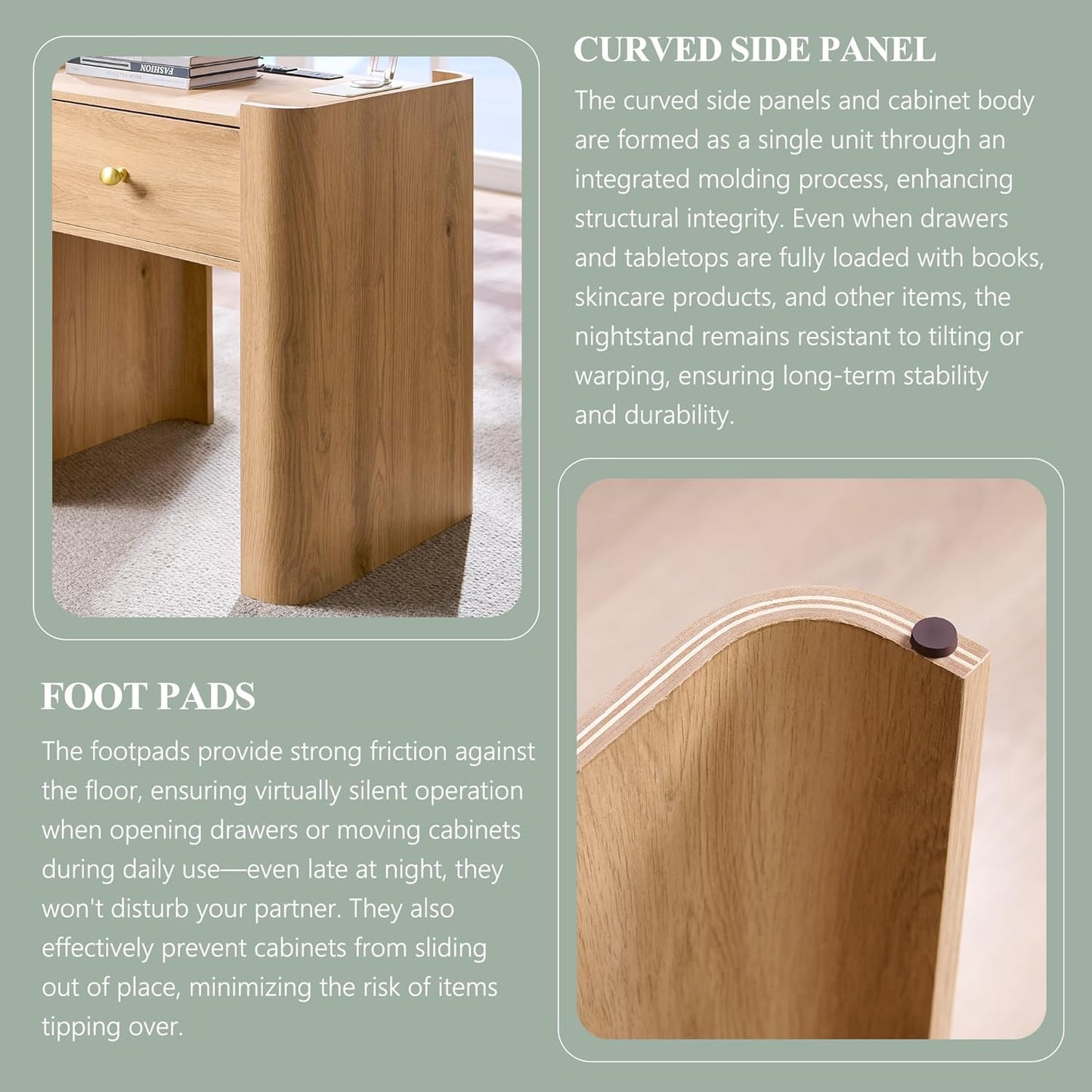 23.6" Tall Modern Nightstand Set of 2, 22" Wide Curved Bedside Table with Charging Station, Wooden Night Stand with 1 Storage Drawer, Large End Table for Bedroom, Living Room, Natural