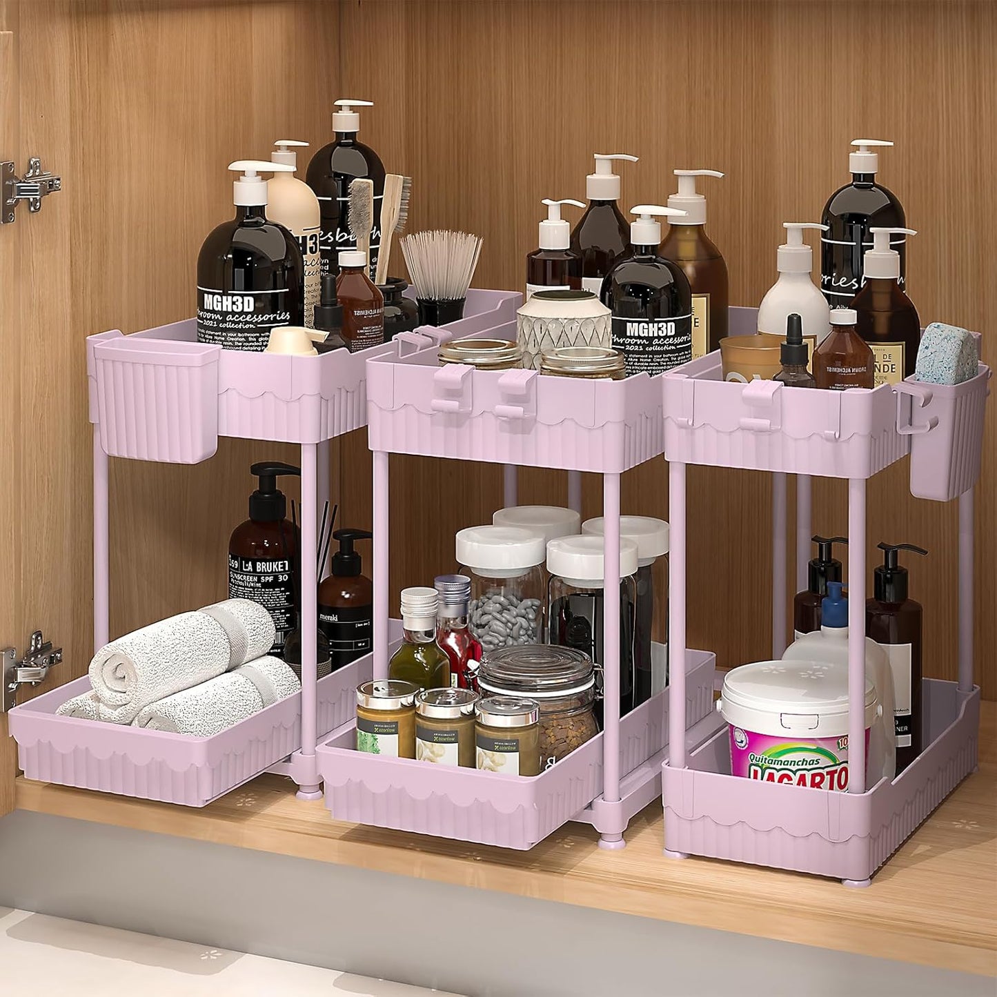3 Pack Under Sink Organizers, 2-Tier Multi-Use Kitchen and Bathroom Organizers and Storage with Sliding Drawers，Bathroom Cabinet Organizer (Pink, 12.8 Inch)