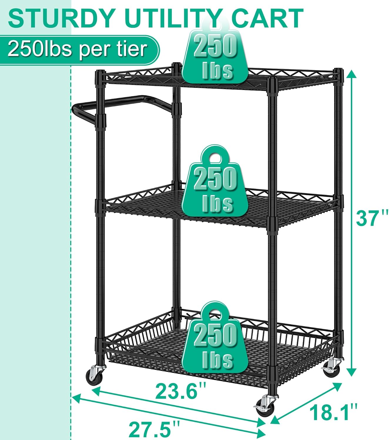 3 Tier Rolling Cart with Wheels, Metal Utility Cart for Storage Heavy Duty Wire Trolley for Kitchen Serving Grocery Food with 3 Shelf Liners 6 Hooks, 18 x 23.8 x 37 Inches, Black