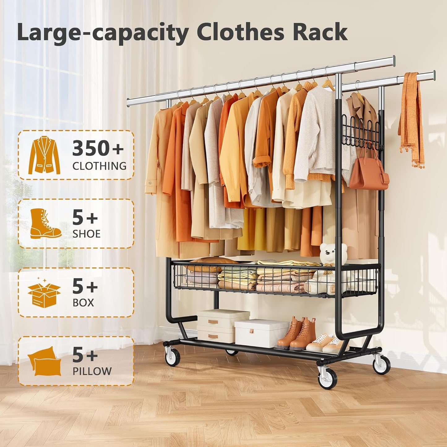 Heavy Duty Clothes Rack with Metal Basket, 720 LBS Rolling Double Rod Garment Rack, Portable Extendable Clothing Rack with Wheel for Bedroom, Laundry Room & Retail Store