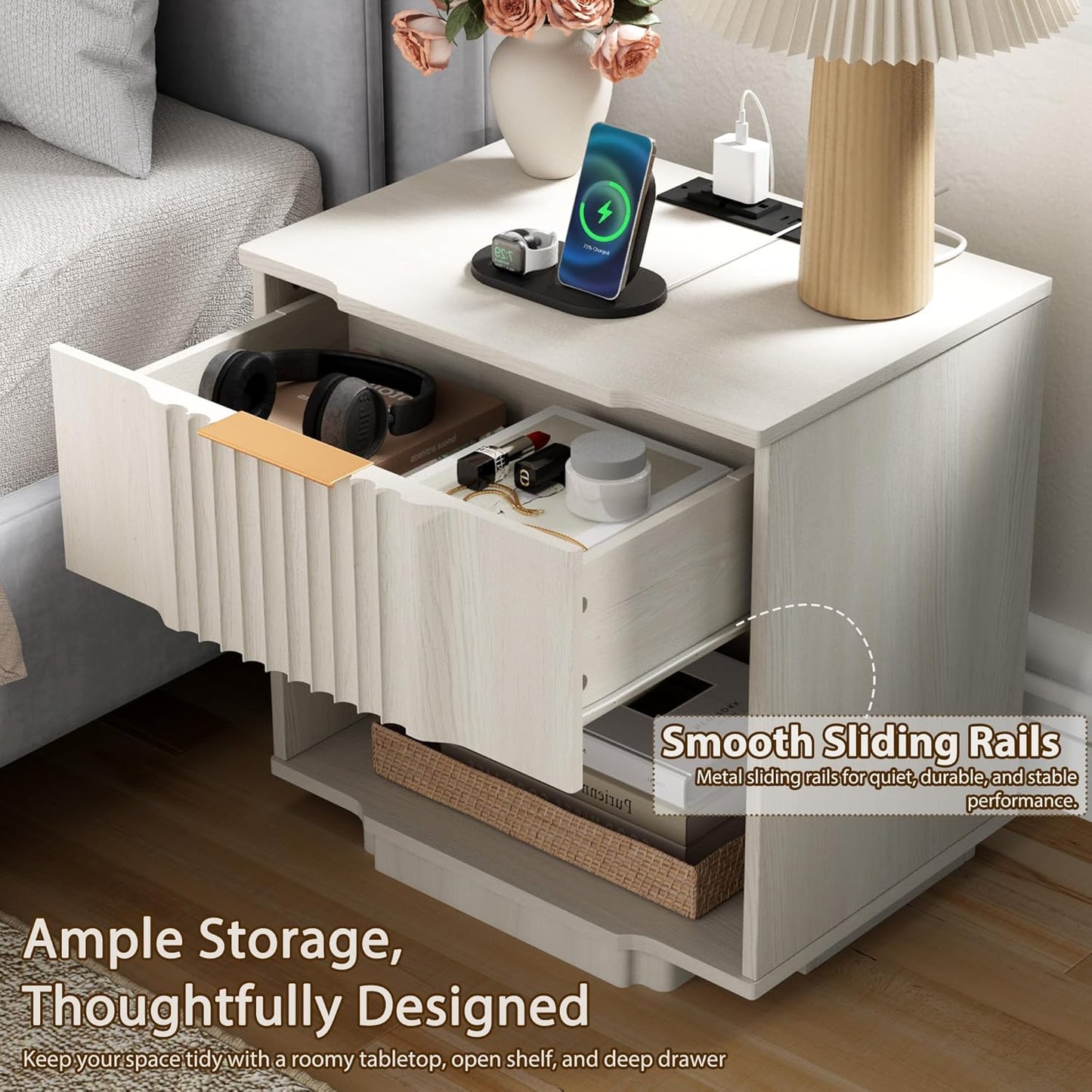 Yechen Fluted Night Stand Set 2 with 20W Fast Charging Station - Large Wood Nightstands with Storage Drawer & Shelf, Modern Wide Bedside End Tables for Bedroom with Curved Profile Base, White Oak