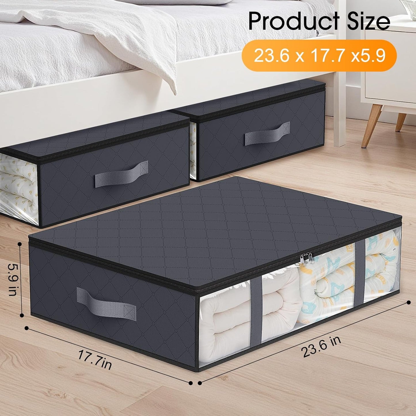 StorageRight Under Bed Storage Bins, 3-Pack 40L Foldable Fabric Storage Bags with Transparent Window, Breathable Organizer for Clothes/Blanket/Comforter/Quilt, Grey