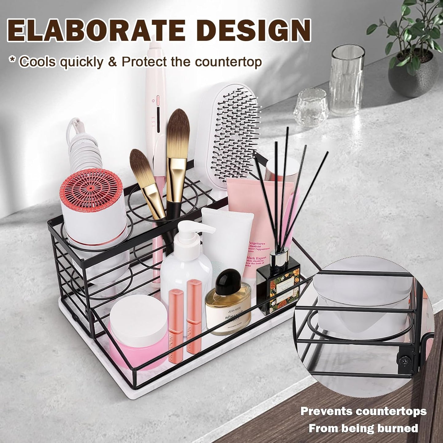 Hair Tool Organizer, Movable Hair Dryer Holder, Hair Styling Tools Storage for Vanity, Bath Counter Organizer, Bathroom Trays for Hair Toiletry, Makeup (12" x 7.7" x 5.8", Marble-Black)