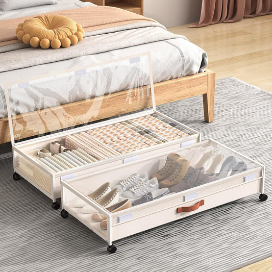 Under Bed Storage with Wheels, XXXL Larger Under Bed Storage Containers with Clear Lids, 36'' Lengthen Under Bed Shoe Organizer for Shoes Clothes(White 2 Pack, XXXL(36"x16.6"x7.48"))