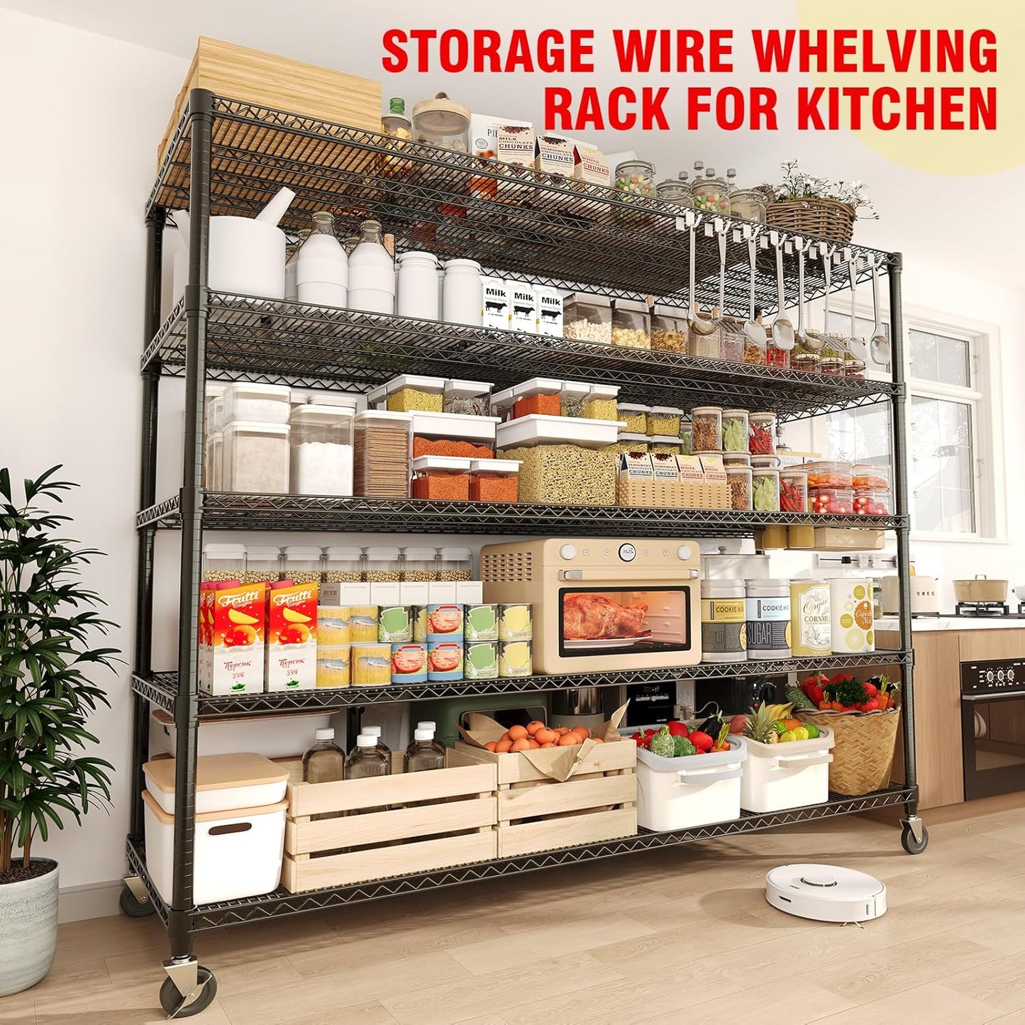 82" H Storage Shelves 3300LBS Heavy Duty Shelving Unit with Wheels & Feet, 5-Tiers Garage Shelving for Pantry Garage Kitchen Home Commercia, 82.6" H x 59" W x 23.9" D