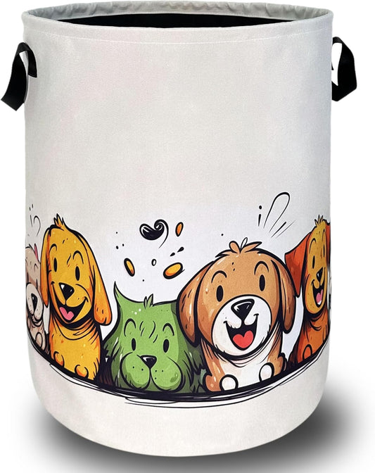 Happy Colorful Dogs Laundry Hamper With Handles Foldable Cute Animals Dog Oxford Cloth Tote Bag Funny Laundry Basket Clothes Toy Storage Bucket 18.9" x 16.5"For Bathroom/Laundry/Bedroom
