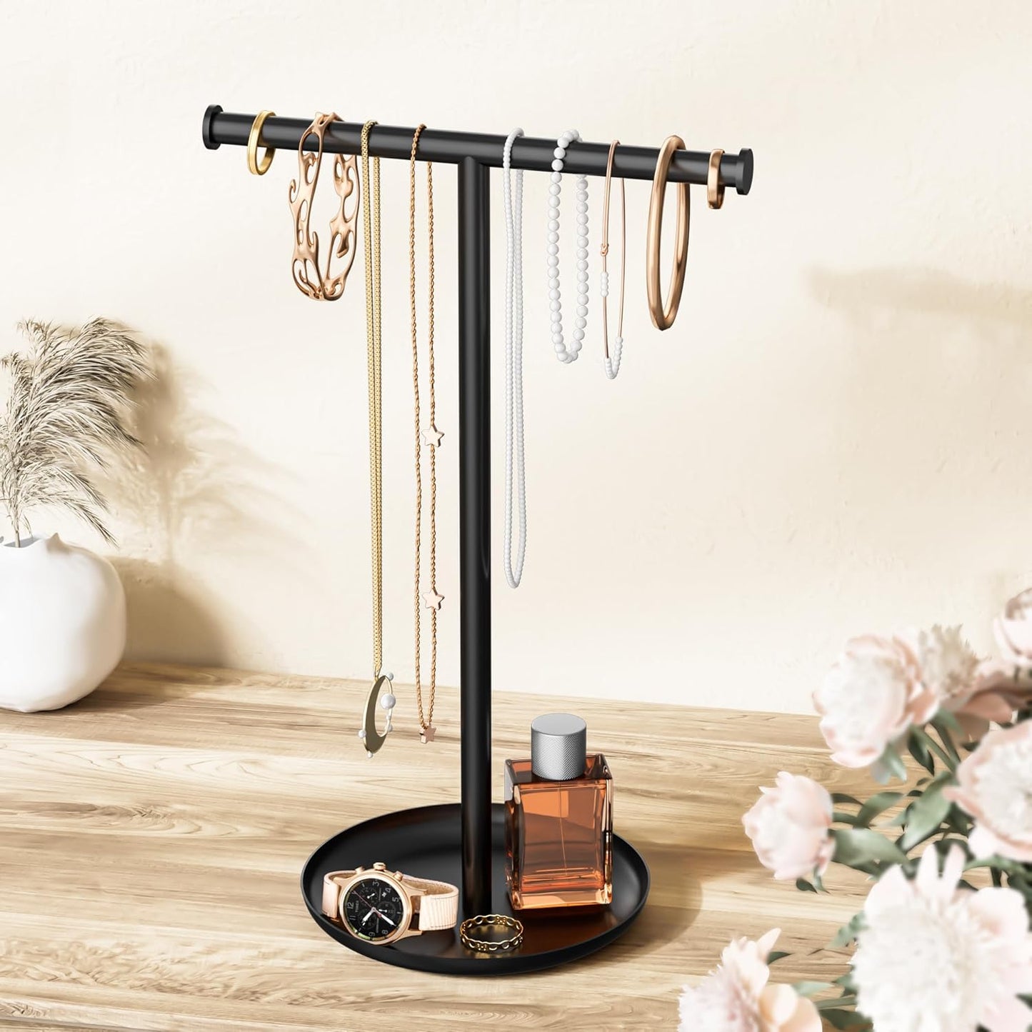 Necklace Organizer Stand with Storage Tray - 12.6" Tall T-Shaped Jewelry Holder Stand for Bracelets, Earrings, Rings | Stylish Home & Vanity Décor for Women, Black.